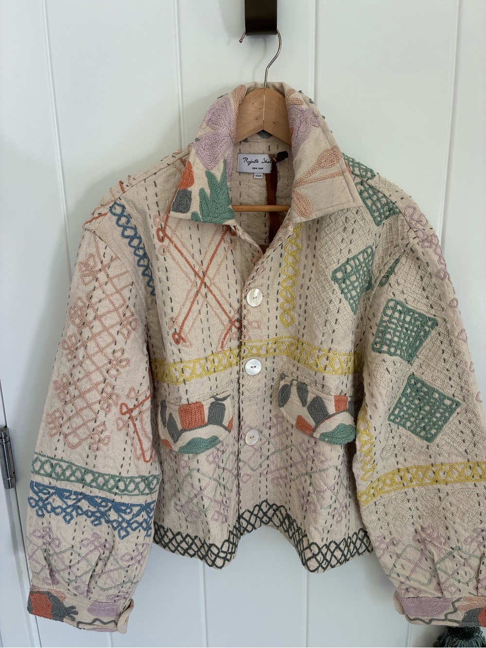 Hand-Embroidered Cream Patchwork Jacket - Natural Fibers